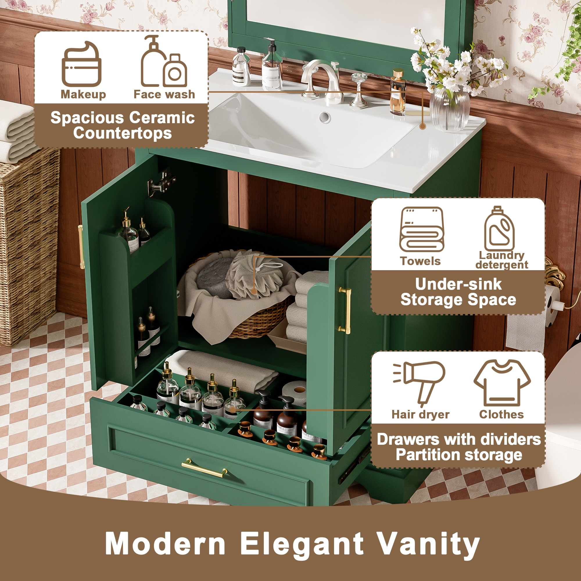 30" Bathroom Vanity with Sink,1 Divider Drawer and 2 Soft-close Doors (Double Shelf on Door)