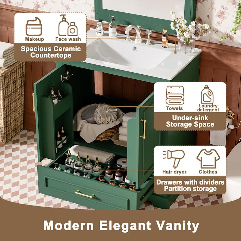 Bathroom Vanity with Ceramic Sink, Freestanding Storage Cabinet with Double Shelf, 1 Divider Drawer & 2 Soft-close Doors