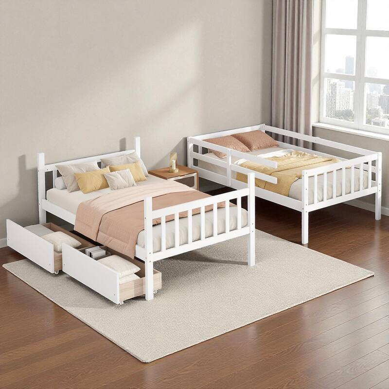 Twin Over Twin Rubber Wood Bunk Bed with 2 Drawers, Convertible into 2 Twin Beds, Ladder and Safety Guardrails