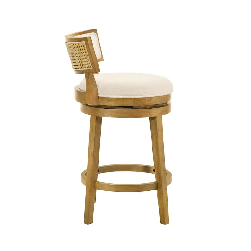 Noely Modern Farmhouse Swivel Wood Counter Height Kitchen Bar Stool with White Boucle Fabric Upholstered Seat