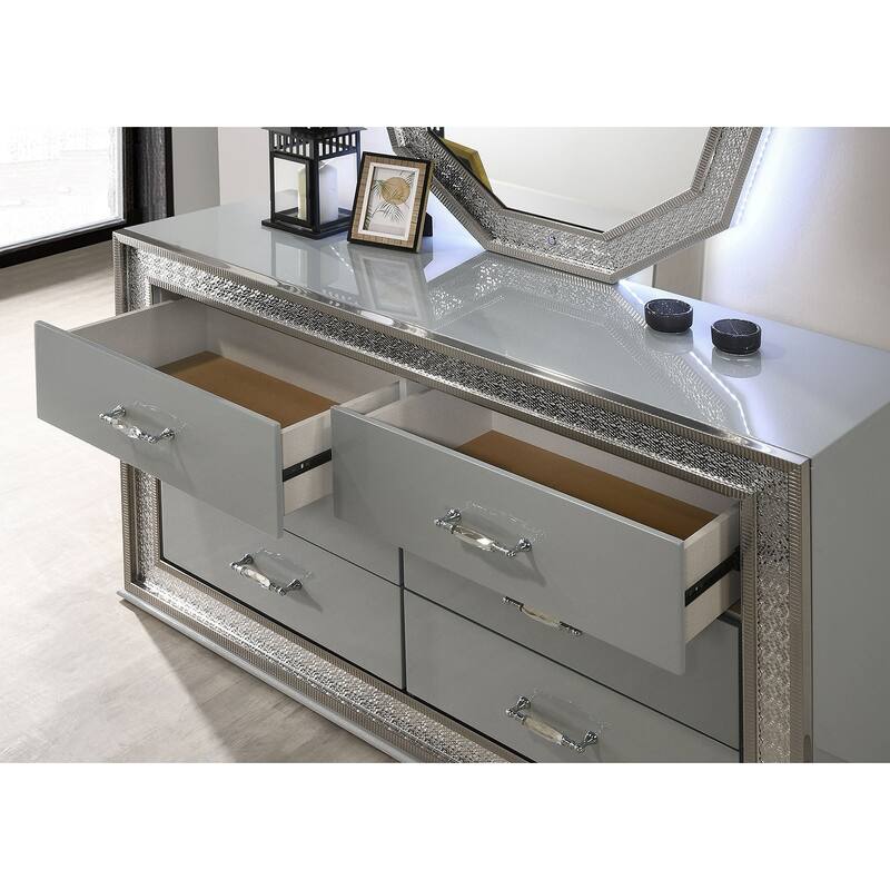 Glam Metallic Gray 4-Pc Bedroom Furniture Set with Backlit LED on Headboard and Mirror