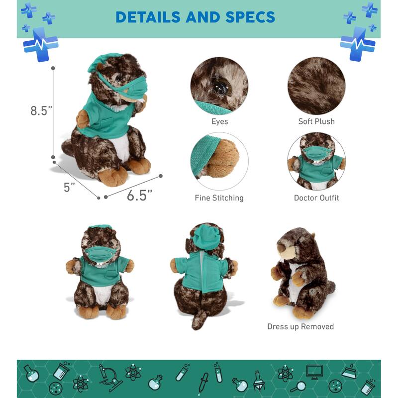 DolliBu Standing Marmot Doctor Plush with Cute Scrub Uniform and Cap - 8.5 inches