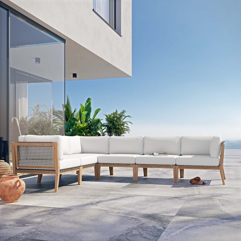Clearwater Outdoor Patio Teak Wood 6-Piece Sectional Sofa - Gray White