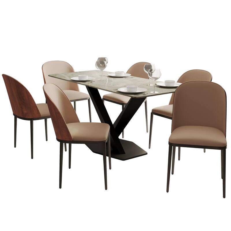 Voren 7-Piece Dining Set 55-Inch Rectangular Sintered Stone Dining Table and 6 Dining Side Chairs - Walnut/Brown