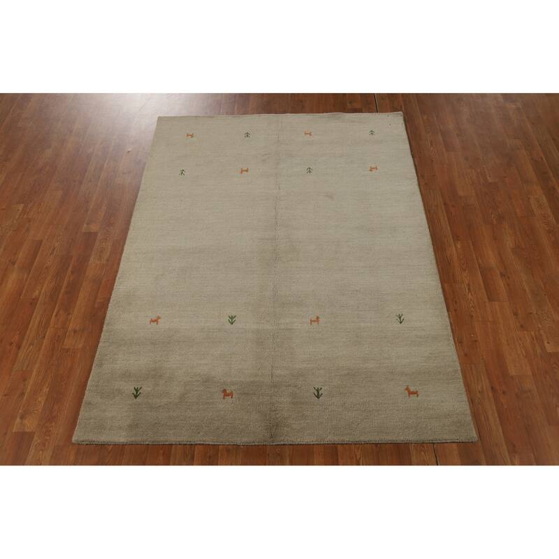 Hand Knotted Oriental 100% Wool Carpet Tribal Animal Pictorial Beige & Ivories Gabbeh Area Rug - 6' 5'' X 4' 8''