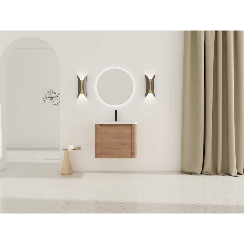 24'' Wall-Mounted Bathroom Vanity with White Ceramic Sink & 1-Soft-Close Door, KD-Packing, Plywood