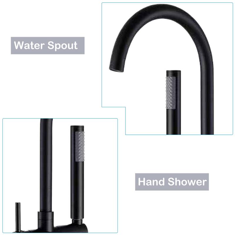 Modern 2-Handle Floor Mounted Freestanding Tub Filler with Handheld Showerhead in Black and Silver
