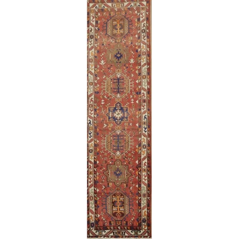 Hand Knotted Oriental 100% Wool Carpet Traditional Tribal Oranges & Rust Heriz Runner Rug - 12' 5'' X 3' 4''