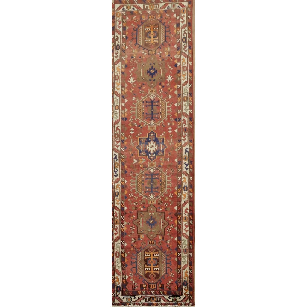 Hand Knotted Oriental 100% Wool Carpet Traditional Tribal Oranges & Rust Heriz Runner Rug - 12' 5'' X 3' 4''