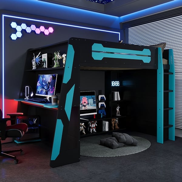 slide 2 of 47, Full Size Esports Gaming Loft Bed Wood Frame Loft Bed with All-in-one Work Play Desk, Bookcase and RGB Ambient Light Blue - Full