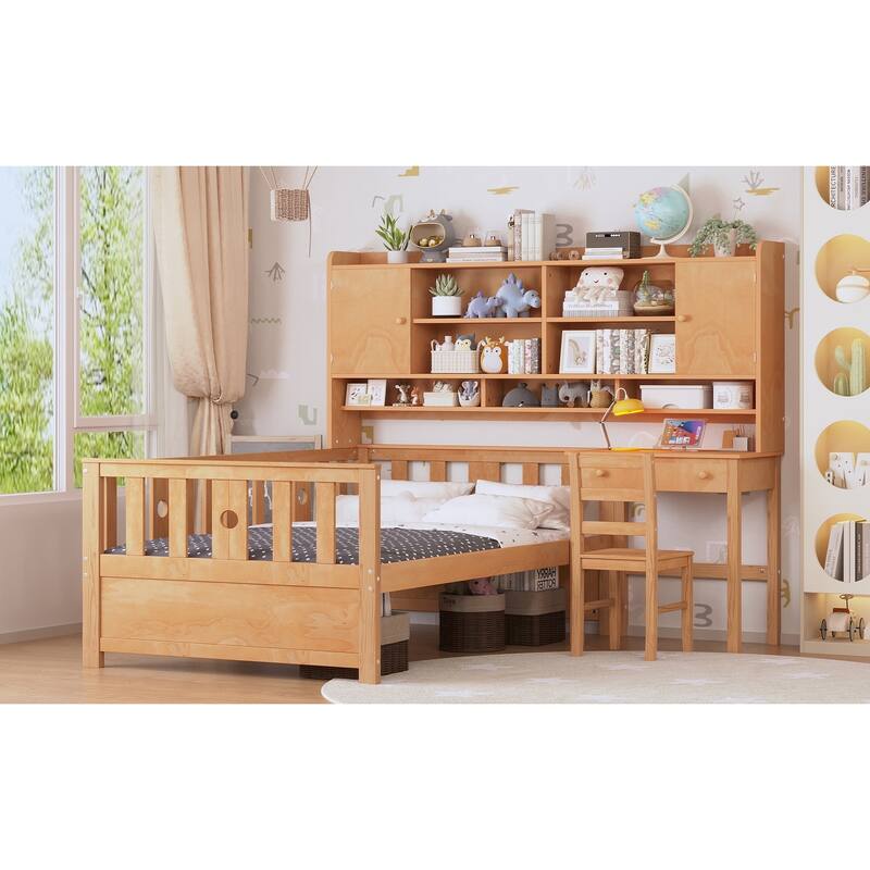 Twin Size Multifunctional Wood Platform Bed with Bookshelf,Built-in Desk and Matching Chair