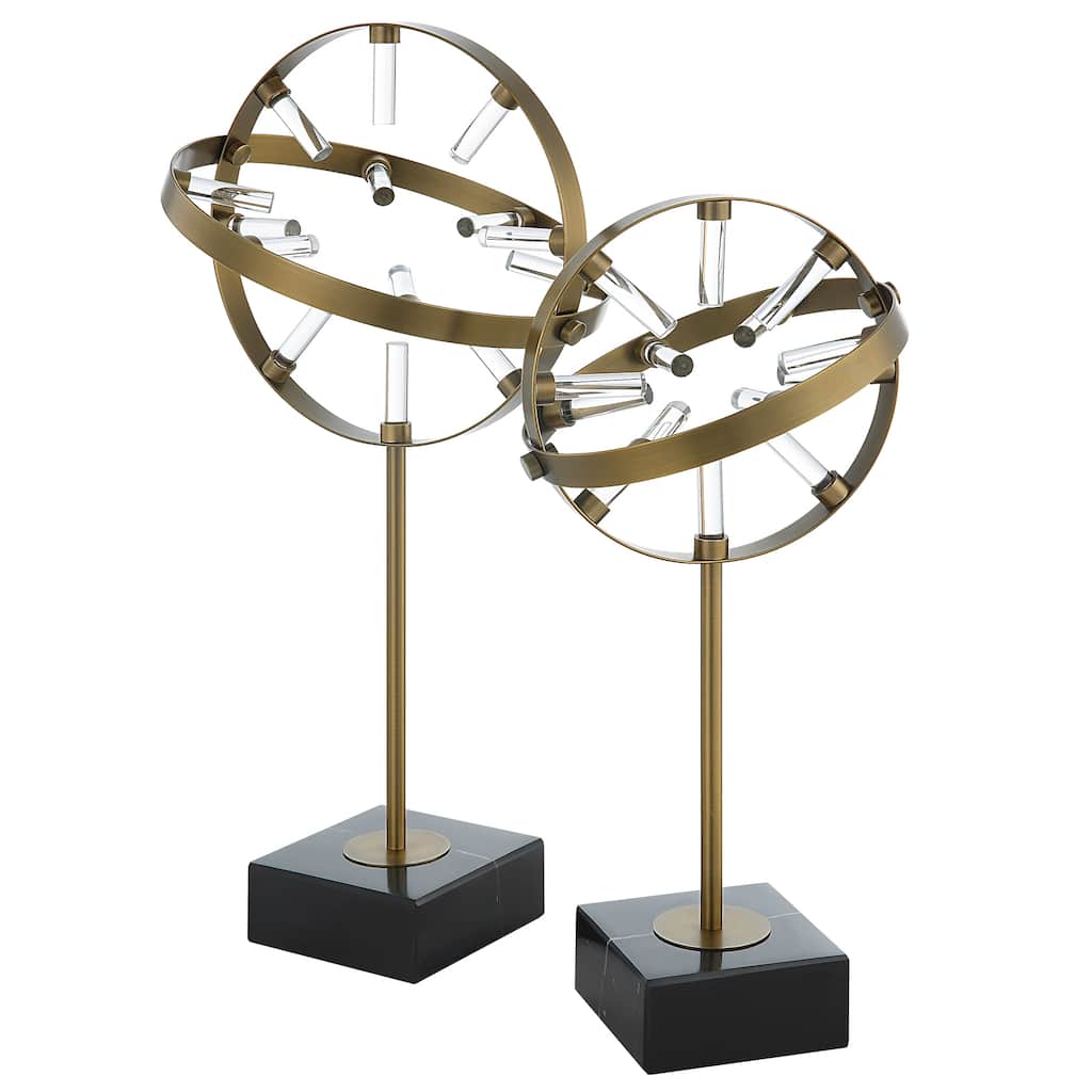 Uttermost Realm Spherical Brass Sculptures, Set Of 2 - 10.63"W x 21.5"H x 4.75"D