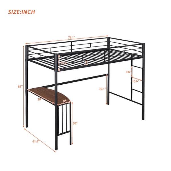 dimension image slide 1 of 3, Minimal Design Twin Size Loft Bed with Desk, Ladder & Guardrails