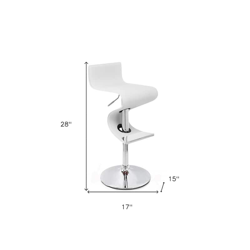 White And Silver Faux Leather And Metal Low Back Adjustable Height Bar Chair