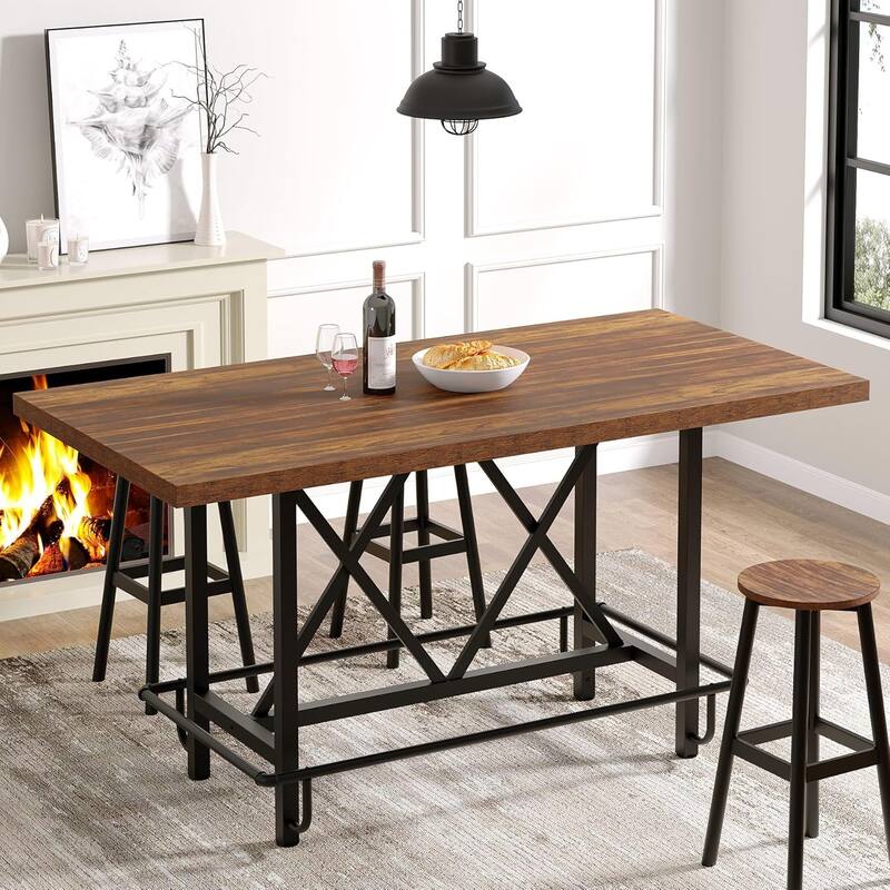 63" Counter Height Dining Table for 6, Industrial Rectangular Bar-Height Table with Sturdy Metal Frame and Footrest - Brown+Black