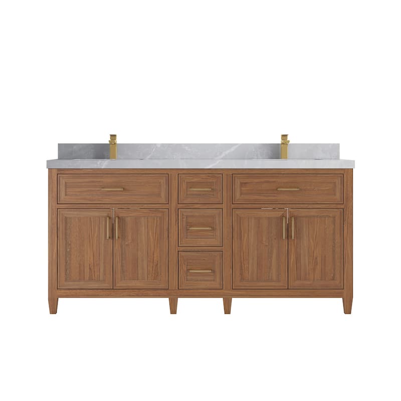 Willow Collections 72 in. W x 22 in. D Santa Monica Teak Double Sink Bathroom Vanity with Countertop - 2”Pearl Gray - Dark Natural