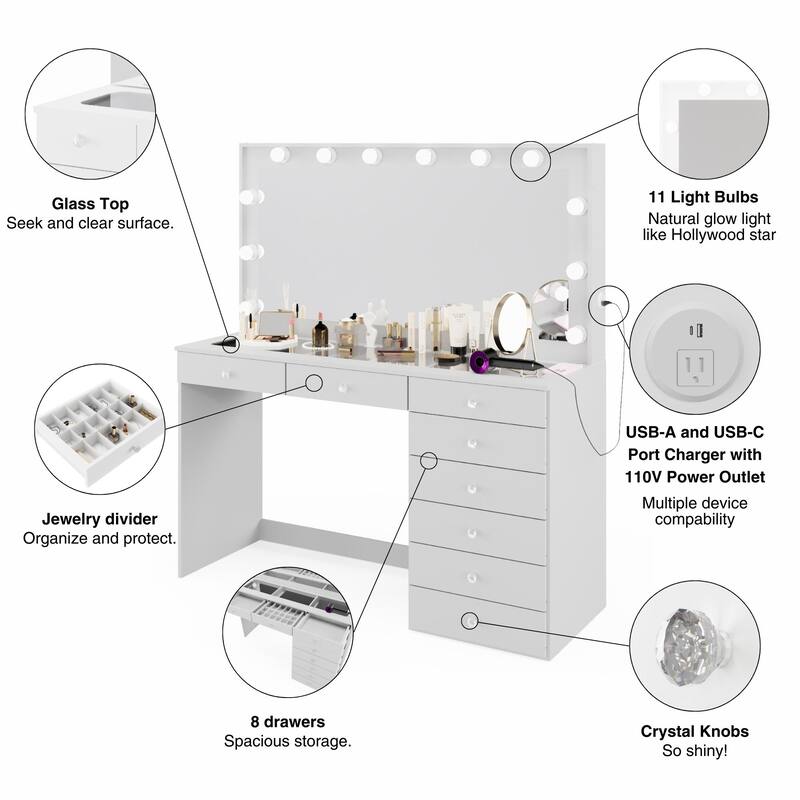 Boahaus Makeup Vanity Desk Glass Top 8 Drawers Crystal Knobs Lighted Mirror