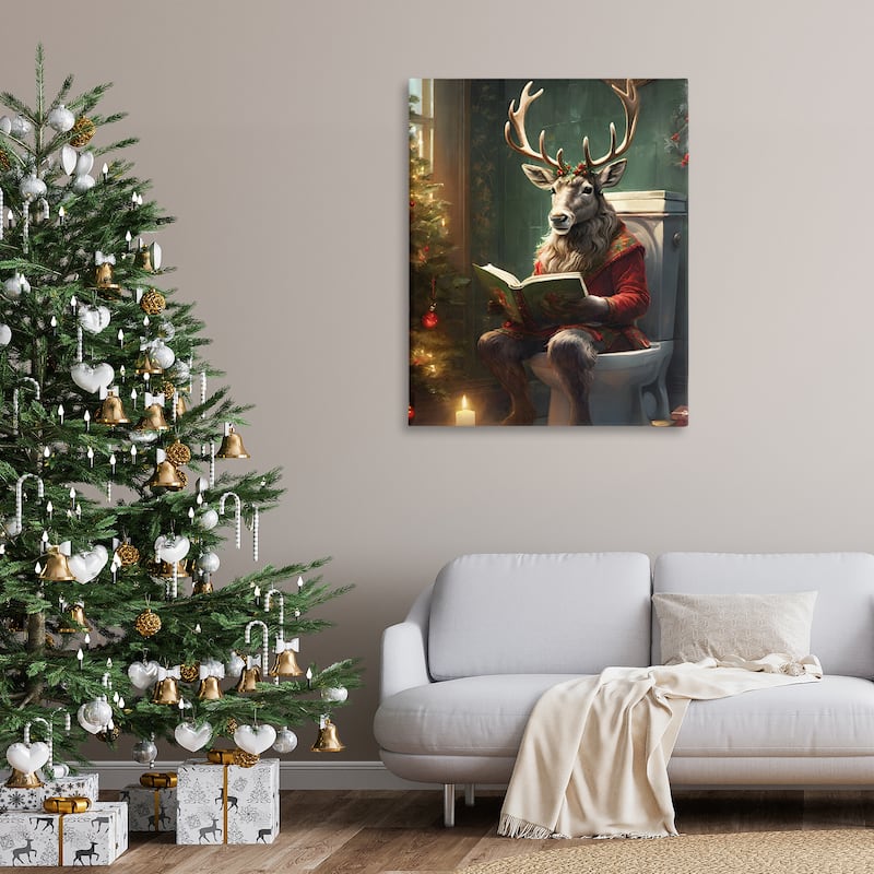 Stupell Reindeer in Festive Bathroom Canvas Wall Art Design By Jo Moulton