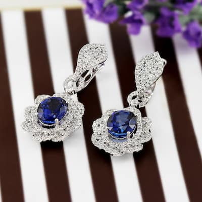 Auriya Fancy 8 1/2ct Royal Blue Sapphire Oval and 2 3/4ctw Halo Diamond Earrings 18K Gold