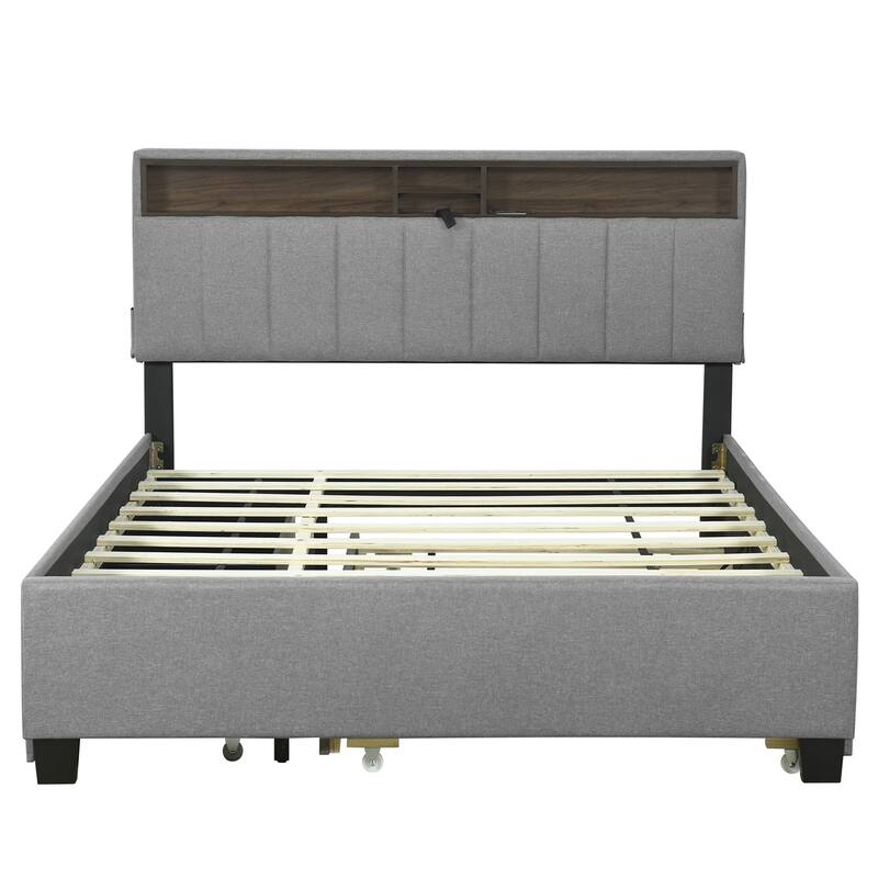 Queen size Upholstered Platform Bed w/ Twin XL Size Trundle & 2 Drawer