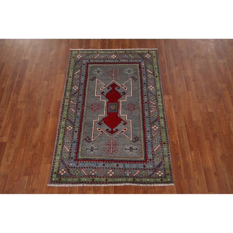 Kazak Accent Rug Hand-Knotted Grey Geometric Wool Carpet - 3'4" x 5'0"