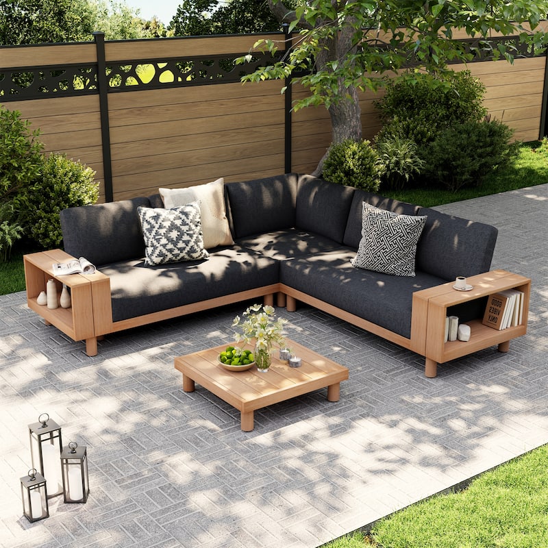 Outdoor 4-Piece Conversation Set Solid Eucalyptus Wood L-Shaped Sectional Sofa with Coffee Table - warm natural&black