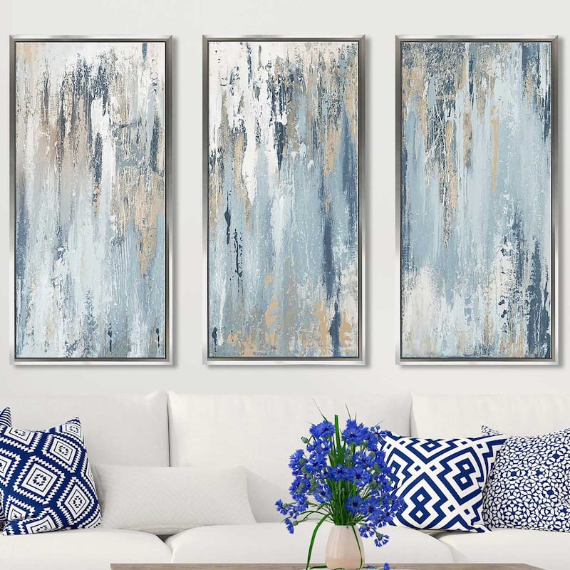 "Blue Illusion I" Print in Floating Canvas, Set of 3 - Blue