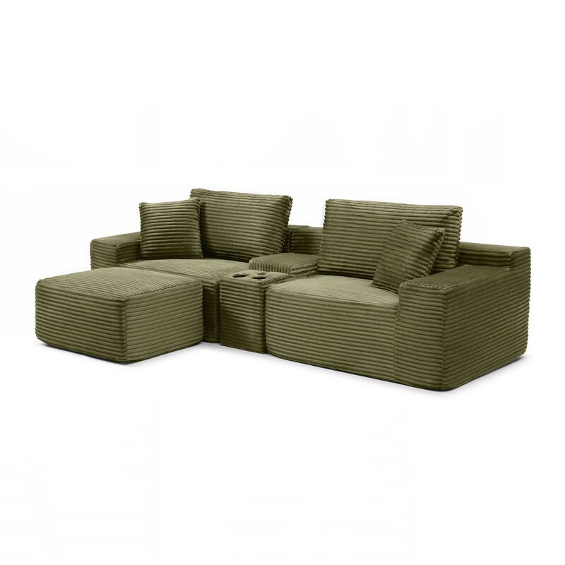 Modular Sectional Sofa, Deep Seat Corduroy Cloud Couch with Cup Holders, USB Ports & Storage Box