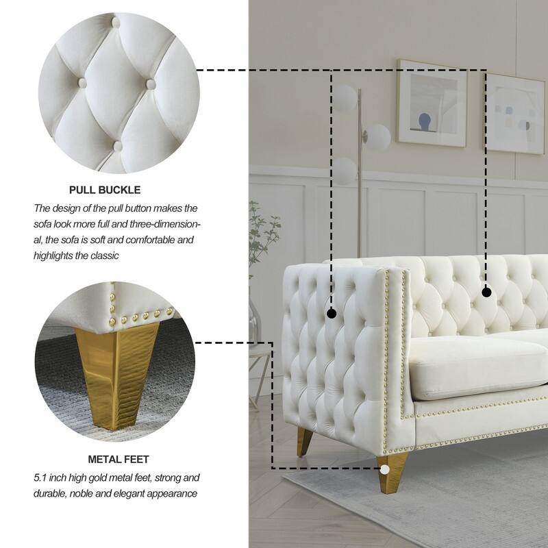 Luxury Velvet Upholstered Tufted Sofa with Arms,Living Room Couches with Metal Legs