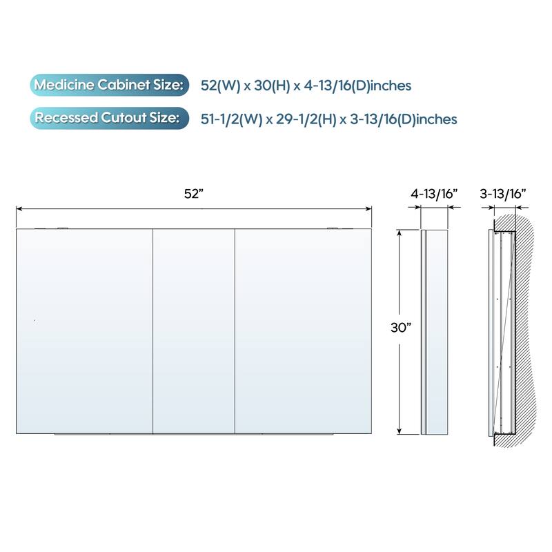 52"W X 30'H Bathroom Recessed or Surface Wall Mount Medicine Cabinet With Adjustable Glass Shelves