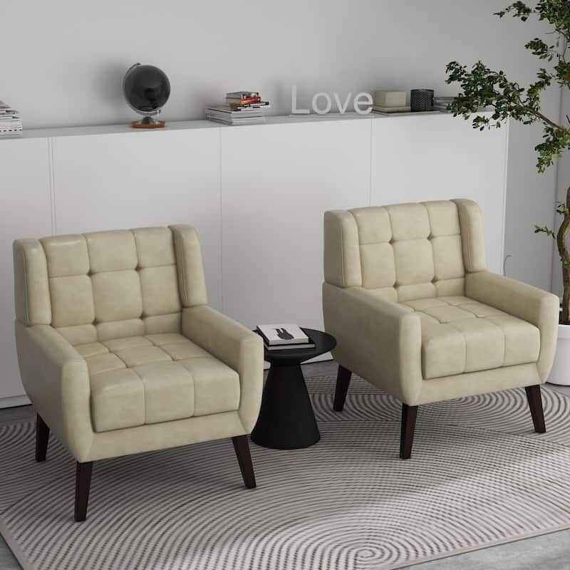 Tufted Arm Chair Upholstered Lounge Chair(Set of 2) - Cream PU