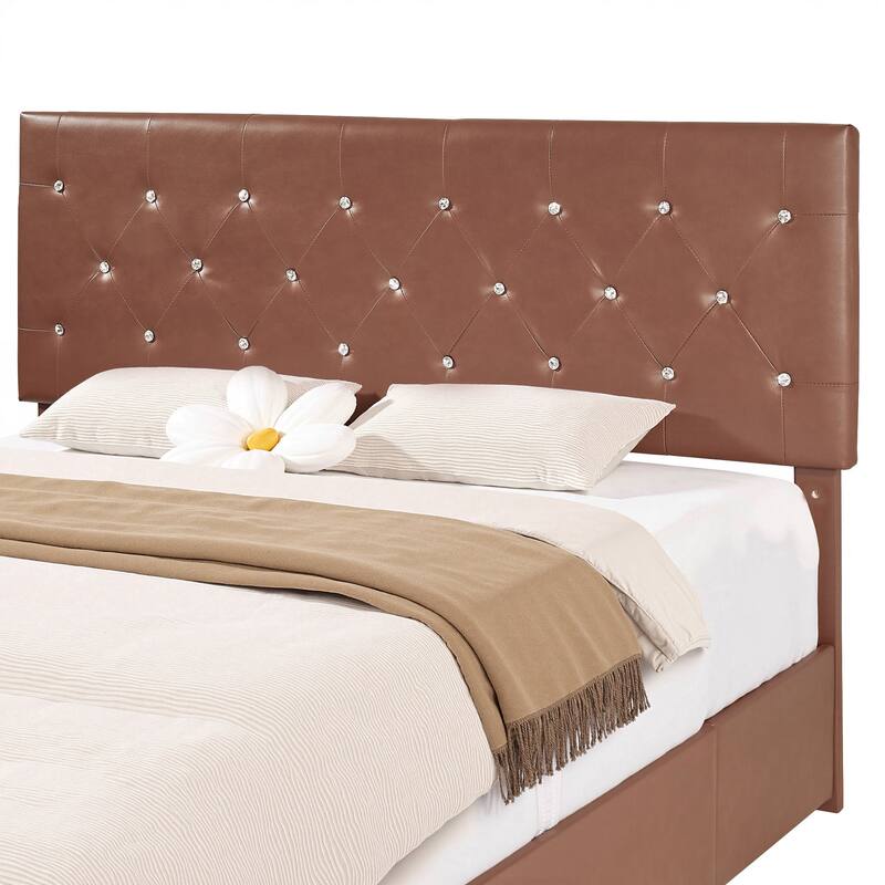 VECELO Bed Frame with Storage Drawers Leather Upholstered with Diamond Tufted Headboard Solid Wood Slat Support