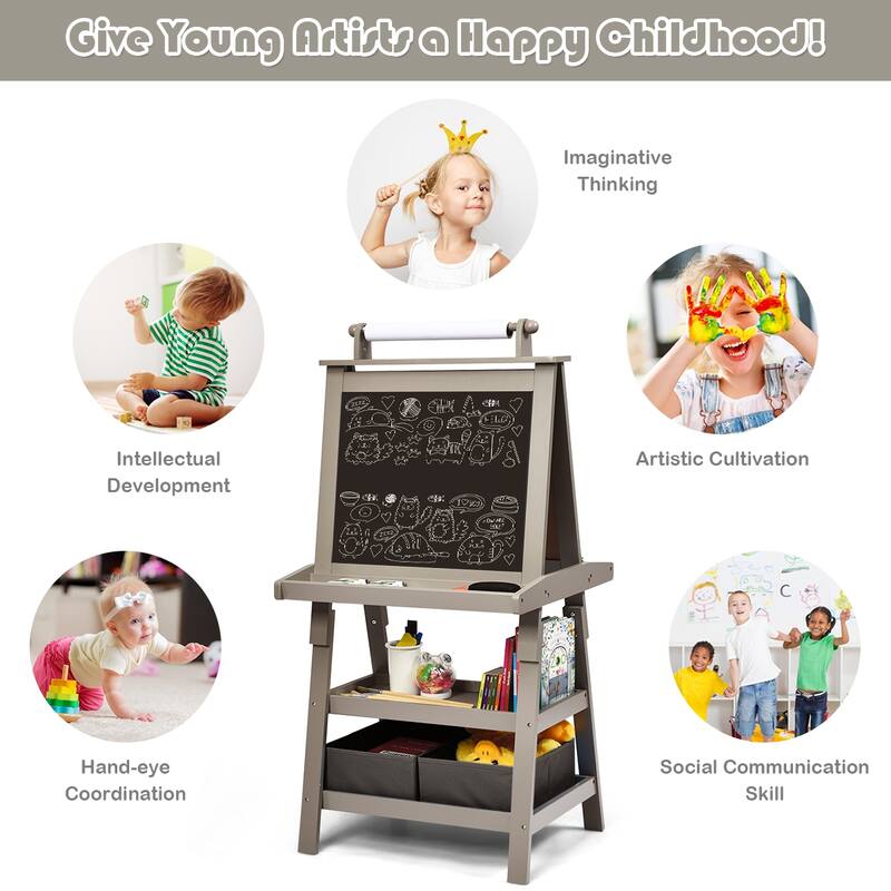 Grey 3-in-1 Kids Art Easel with Double-Sided Blackboard Whiteboard Paper Roll and Storage - 23.5" x 19.5" x 46" (L x W x H)