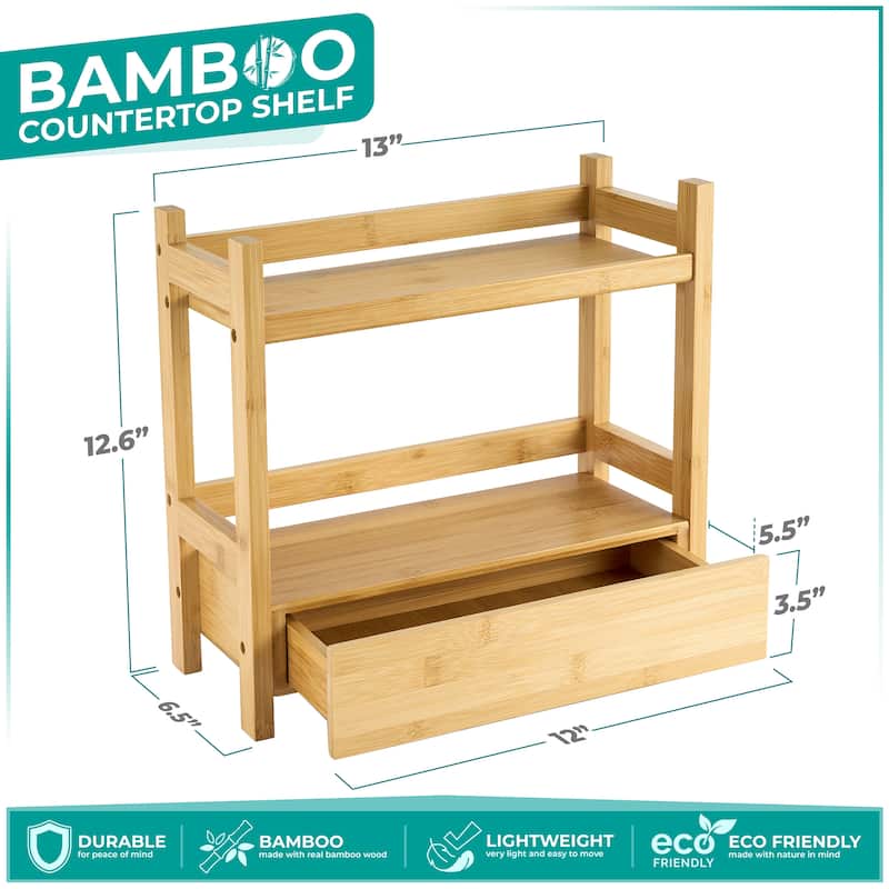 Sorbus Bamboo Bathroom Counter Organizer – 2-Tier Shelf with Hidden Drawer - 13.12" L x 6.37" W x 12.62" H