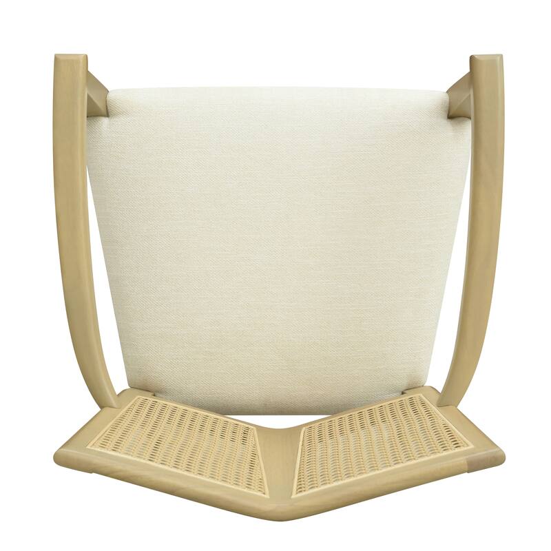 Set of 2 Modern Wooden Arm Dining Chairs with Rattan Backrest, Upholstered Fabric Seat, Rubberwood Frame