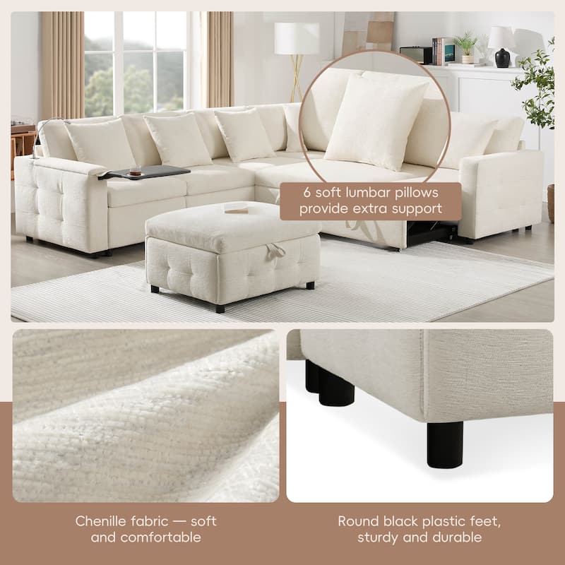 Roomfitters 117"x90" Modular Sectional Sofa Bed with Pull-Out Design, Flip-Up Table, Charging Ports, Storage Ottoman