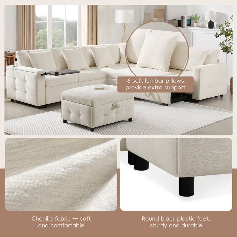 Tufted Chenille Sectional Sofa with Pull-out Bed, Flip-up Table Panel, Reading Lamp, Charging Ports, Storage Ottoman, 6 Pillows