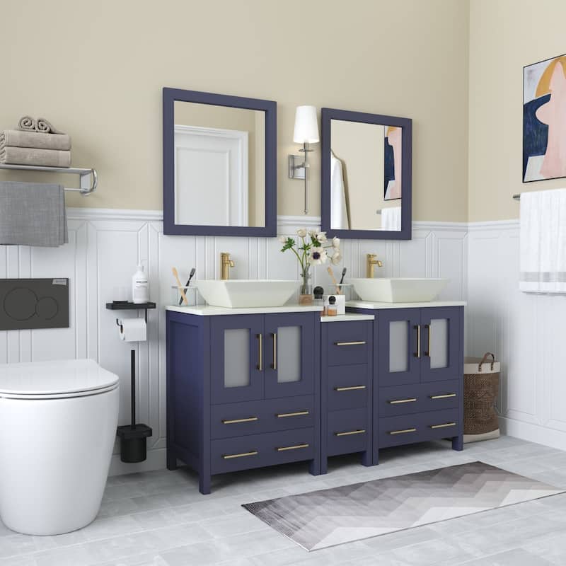Vanity Art 60" Double Sink Bathroom Vanity Set with Engineered Marble Top and Free Mirror - 60 W X 18.5 D X 31.1 H
