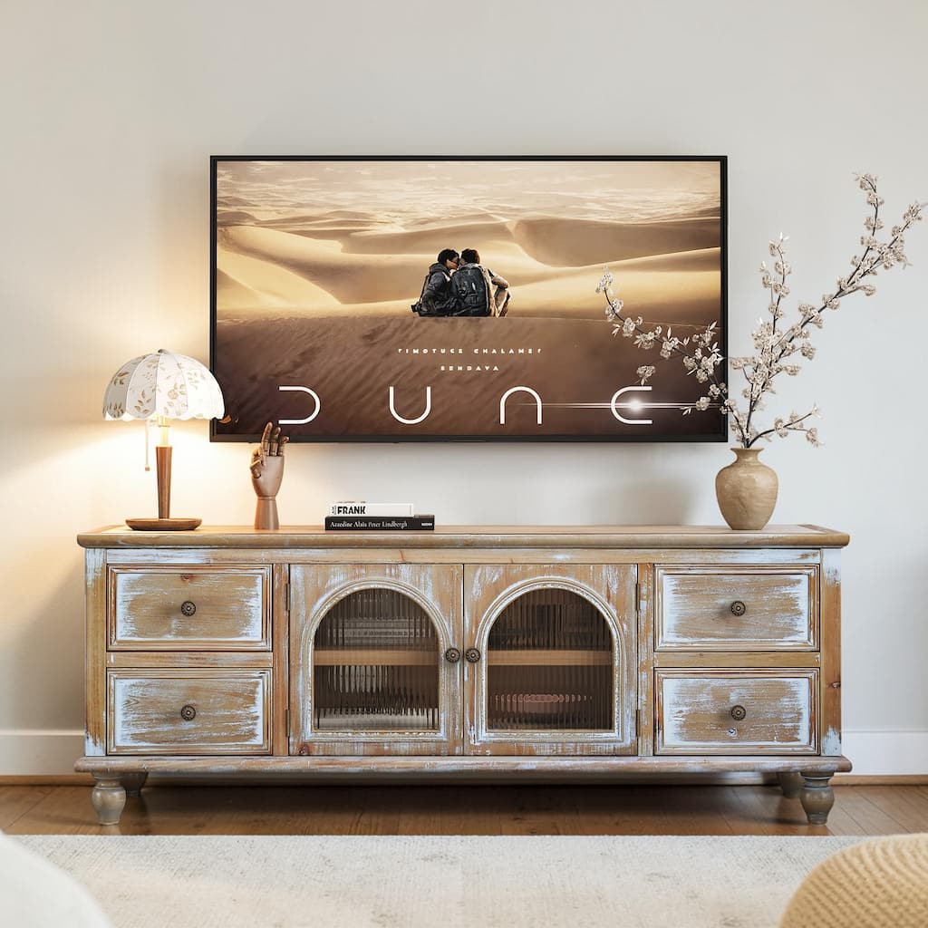 60" Farmhouse TV Stand with Glass Doors and 4 Drawers, Rustic Wood Entertainment Center for TVs Up to 65"