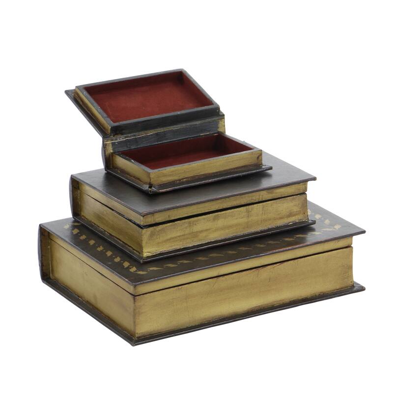 Brown Wooden Vintage Inspired Faux Storage Book Decorative Box with Faux Leather Detailing (Set of 3)