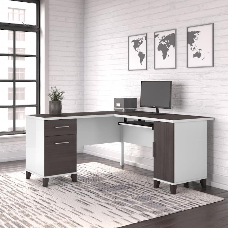 Bush Furniture Somerset 60W L Shaped Desk with Drawers and Storage - Storm Gray/White