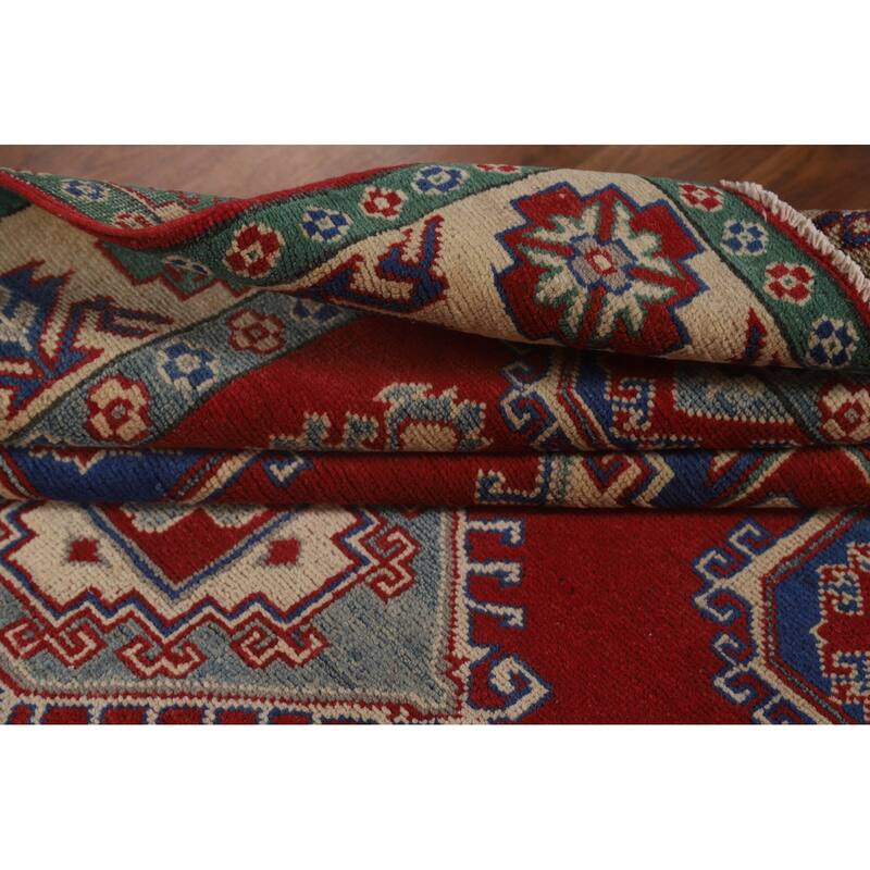 Red Geometric Kazak Area Rug Hand-Knotted Oriental Wool Carpet - 5'5" x 6'5"