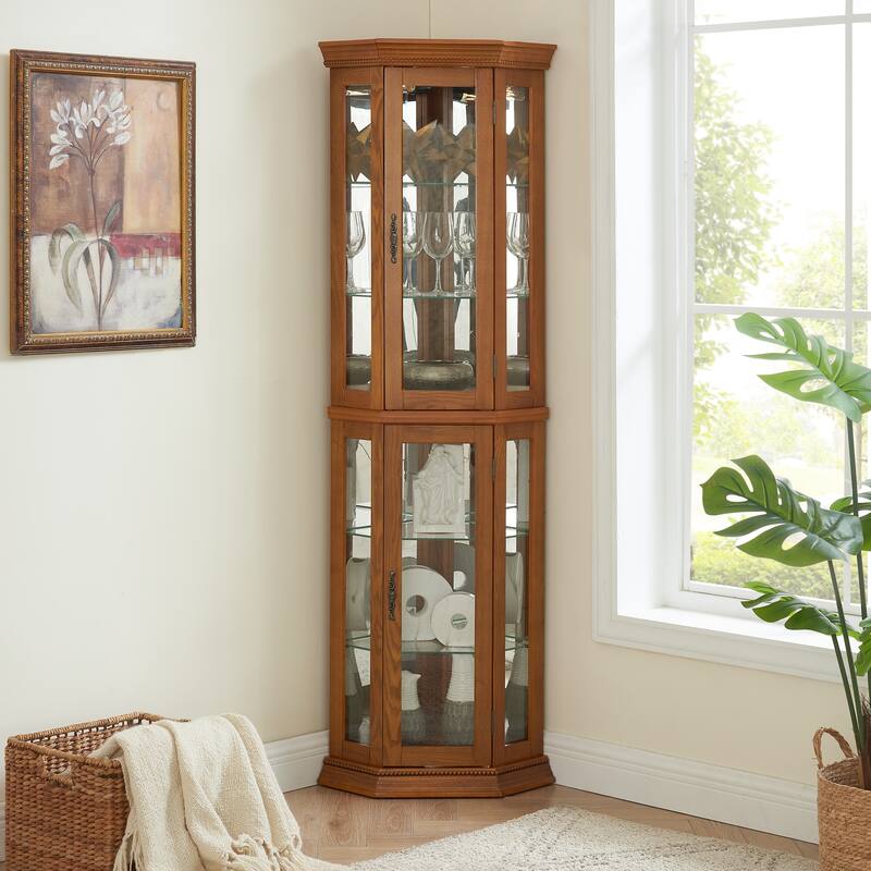 Lighted Curio Display Cabinet, Floor Standing Glass Display Cage, China Cabinet with Tempered Glass Doors & Adjustable Shelves - Oak