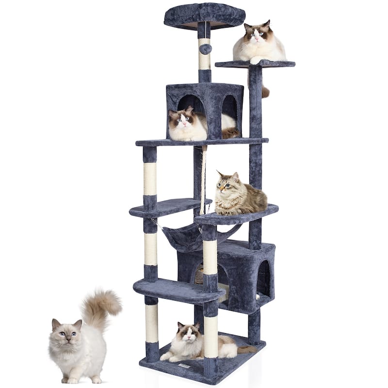 Cat Tree for Indoor Cats, 72" Cat Tower with 2 Cat Condos, Sisal Scratching Post, Hammock, Top Perch, Jumping Platforms - 72" - Dark Grey