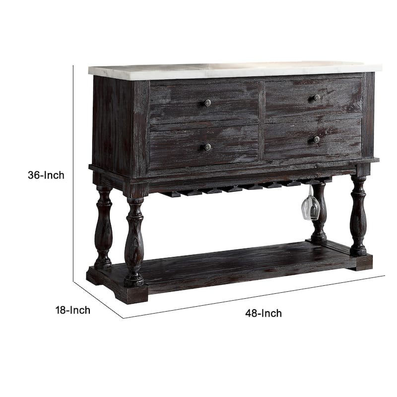 Four Drawers Wooden Server with Marble Top, White and Brown