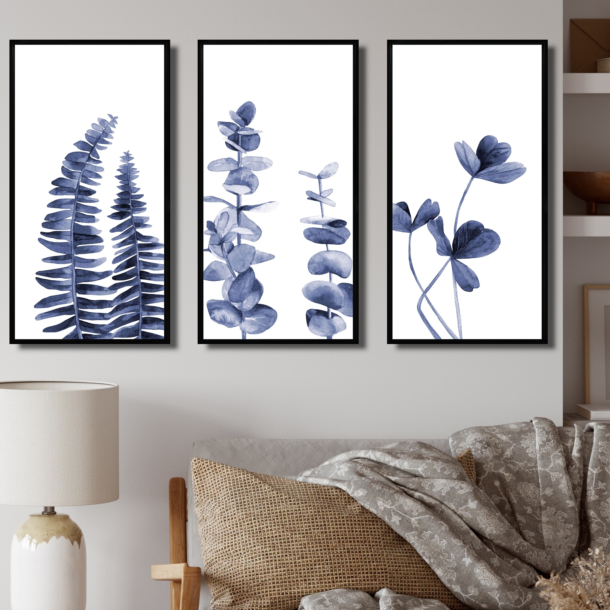 Designart "Navy Blue Eucalyptus I" Traditional Framed Art Prints Set of 3 - 4 Colors of Frames