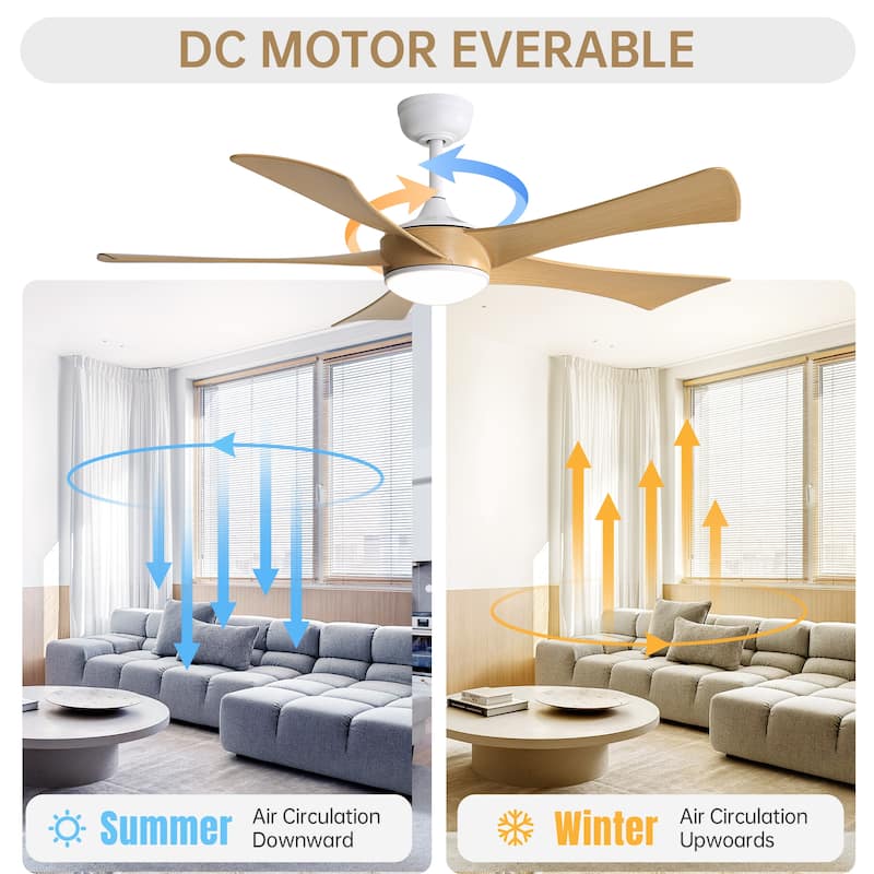 6-Speed Remote Control Wood Ceiling Fan with Dimmable LED Light & Time Function, Reversible DC Motor