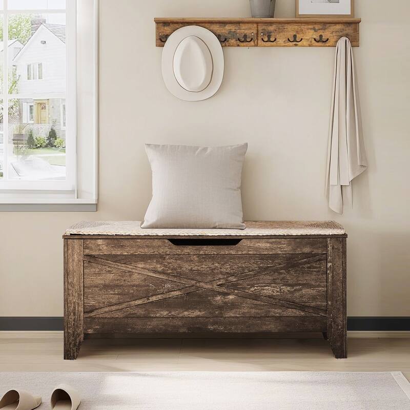2 Pieces Storage Wooden Ottoman, Flip Top Ottoman Bench Set with Hand Weave Poufs Padded, Bed End Stool Set, Foot Rest Set