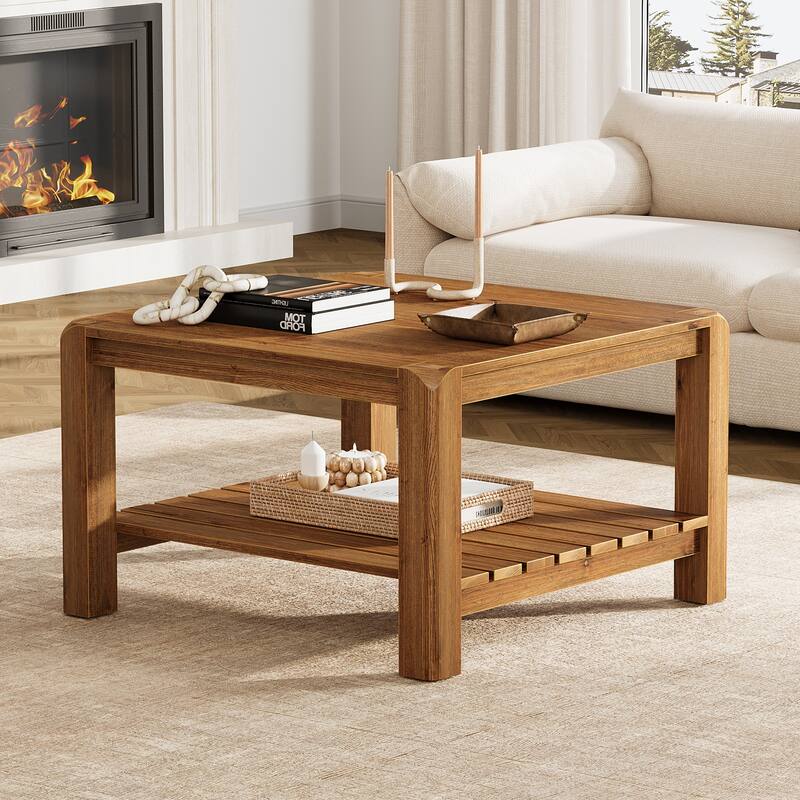 31.5" Solid Wood Coffee Table, 2-Tier Square Center Table
