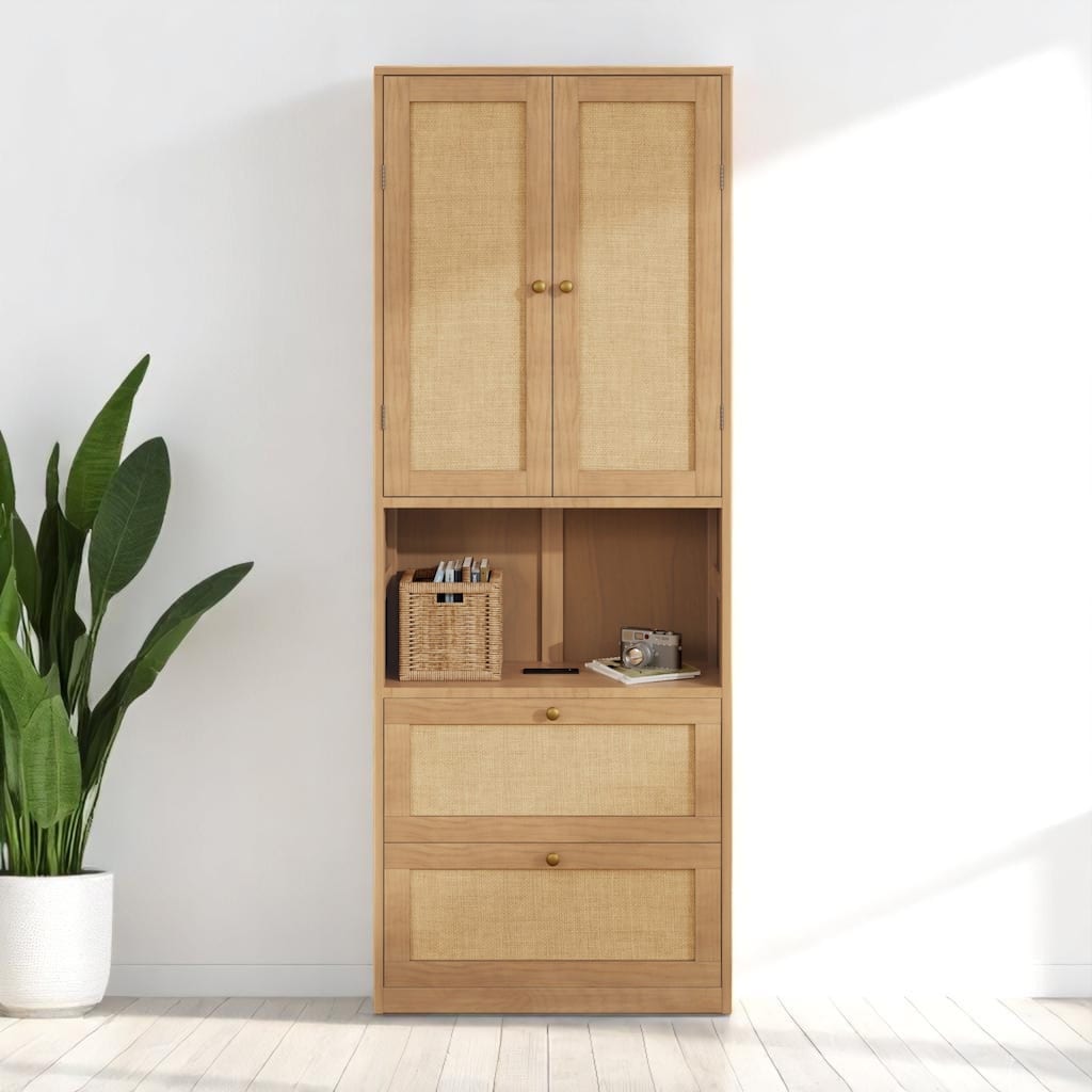 Bookshelf Side Cabinet with Rattan Doors, USB Port & 3 Drawers, 72.8" Storage Unit for Home Organization